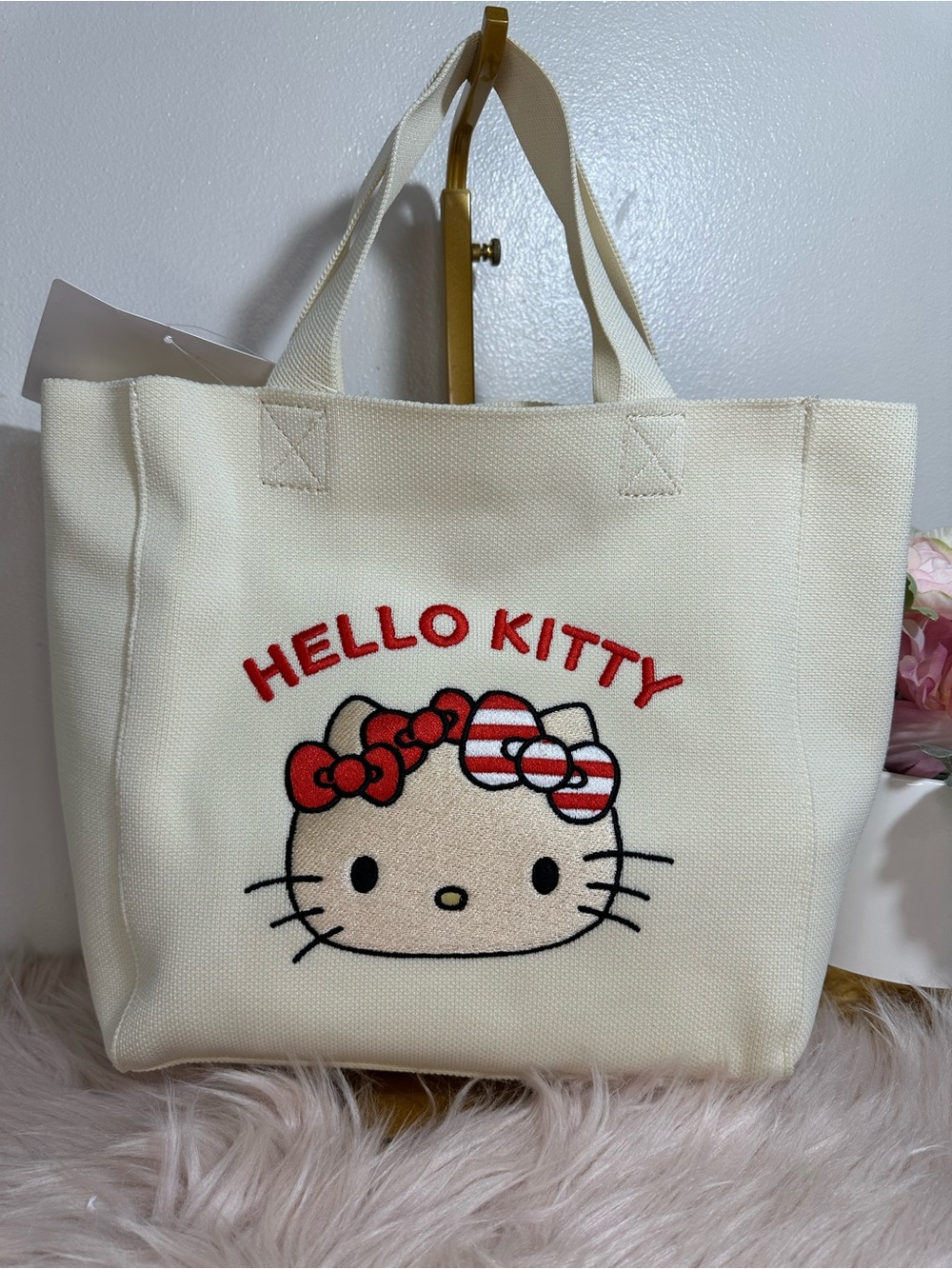 Sanrio Hello Kitty Cream Tote with Red Bow Accents